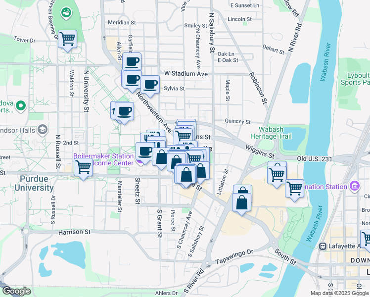 map of restaurants, bars, coffee shops, grocery stores, and more near 200-214 Northwestern Ave in West Lafayette