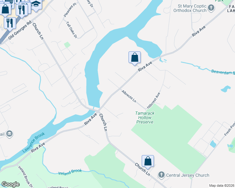 map of restaurants, bars, coffee shops, grocery stores, and more near 538 Riva Avenue in East Brunswick