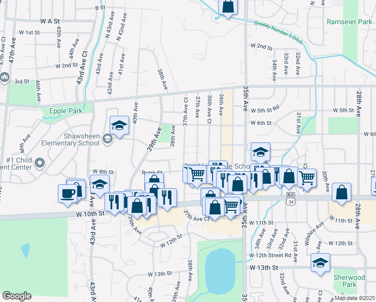 map of restaurants, bars, coffee shops, grocery stores, and more near 705 37th Avenue Court in Greeley