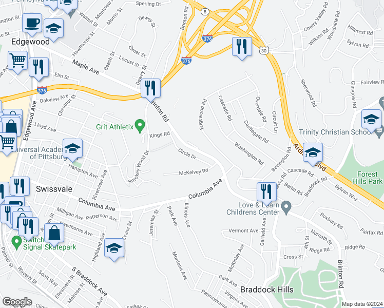 map of restaurants, bars, coffee shops, grocery stores, and more near 1080 Brinton Road in Pittsburgh