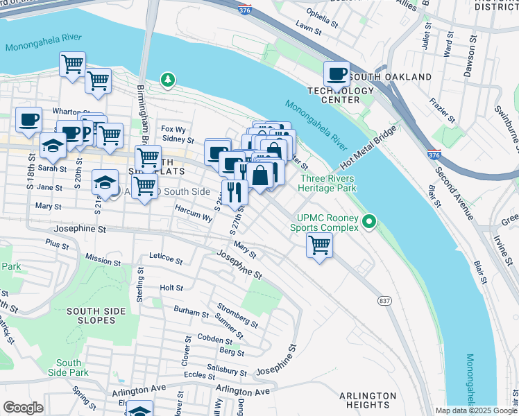 map of restaurants, bars, coffee shops, grocery stores, and more near 2724 East Carson Street in Pittsburgh