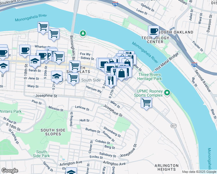 map of restaurants, bars, coffee shops, grocery stores, and more near 2619 Sarah Street in Pittsburgh