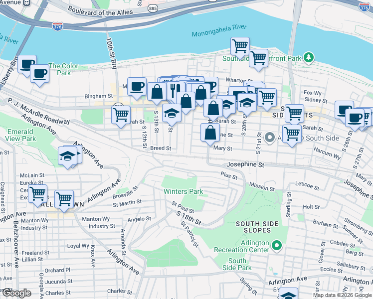 map of restaurants, bars, coffee shops, grocery stores, and more near 166 South 16th Street in Pittsburgh