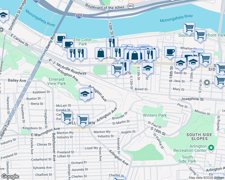 map of restaurants, bars, coffee shops, grocery stores, and more near 938 Pretense Way in Pittsburgh