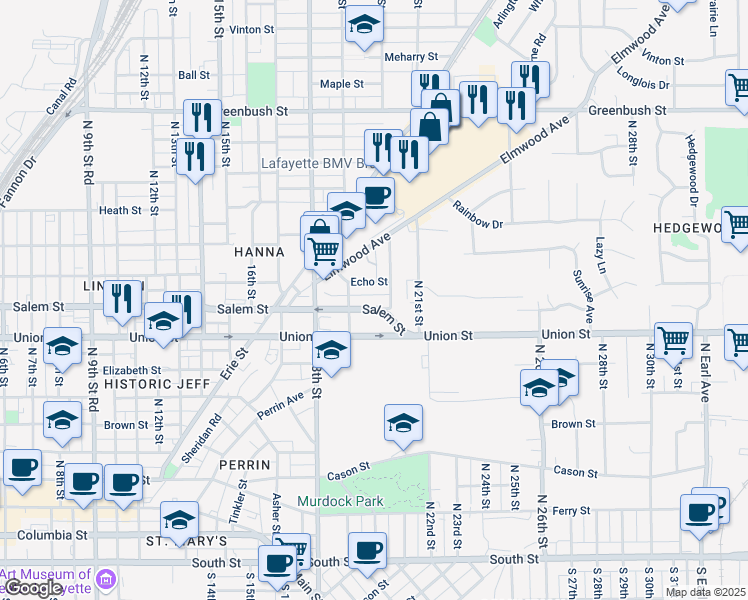 map of restaurants, bars, coffee shops, grocery stores, and more near 1913 Echo Street in Lafayette