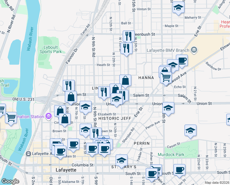 map of restaurants, bars, coffee shops, grocery stores, and more near 101 North 11th Street in Lafayette