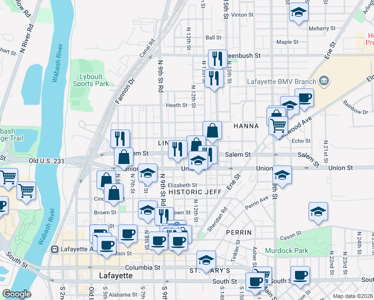 map of restaurants, bars, coffee shops, grocery stores, and more near 101 North 11th Street in Lafayette