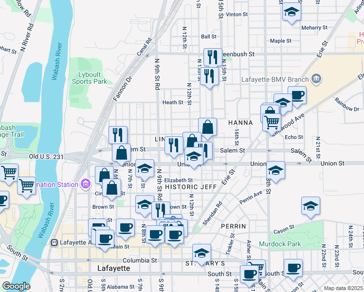 map of restaurants, bars, coffee shops, grocery stores, and more near 101 North 11th Street in Lafayette