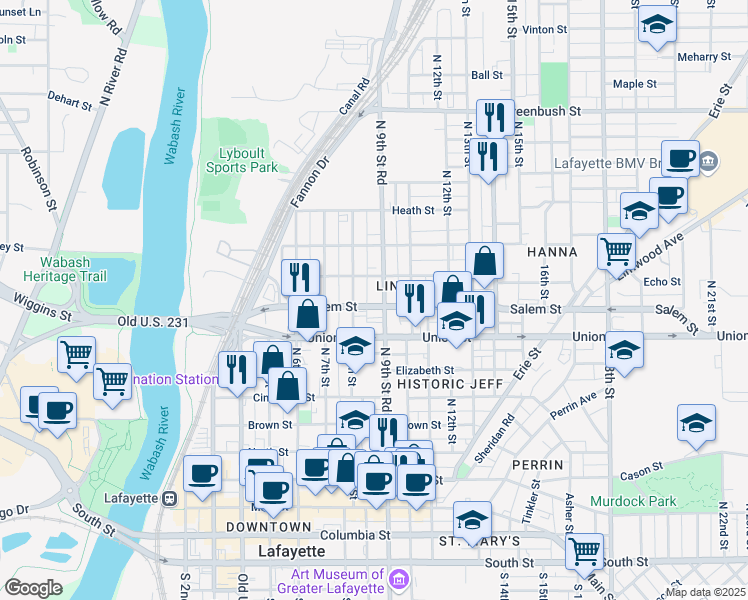 map of restaurants, bars, coffee shops, grocery stores, and more near 920 North 9th Street in Lafayette