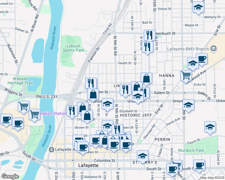map of restaurants, bars, coffee shops, grocery stores, and more near 920 North 9th Street in Lafayette