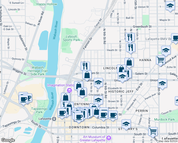 map of restaurants, bars, coffee shops, grocery stores, and more near 915 North 6th Street in Lafayette