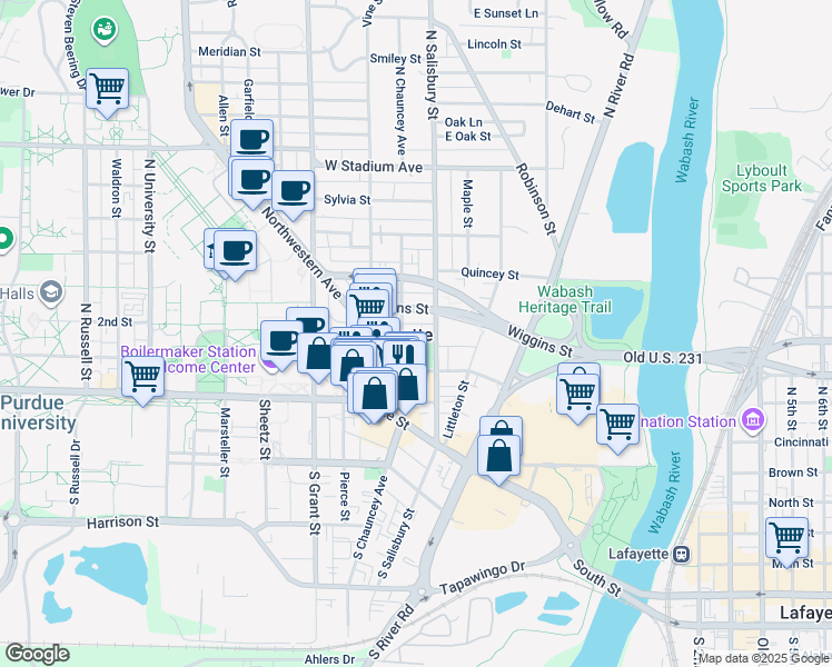 map of restaurants, bars, coffee shops, grocery stores, and more near 323 North Chauncey Avenue in West Lafayette