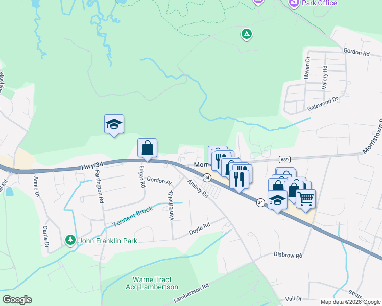 map of restaurants, bars, coffee shops, grocery stores, and more near 20 Ellen Heath Drive in Matawan