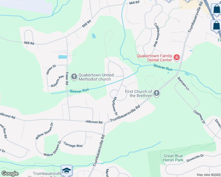 map of restaurants, bars, coffee shops, grocery stores, and more near 1132 Colony Drive in Quakertown