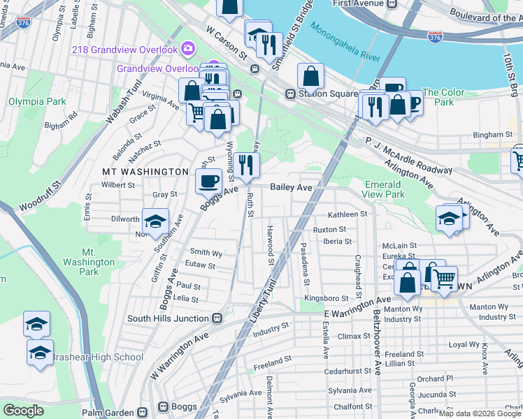 map of restaurants, bars, coffee shops, grocery stores, and more near 112 Bailey Avenue in Pittsburgh