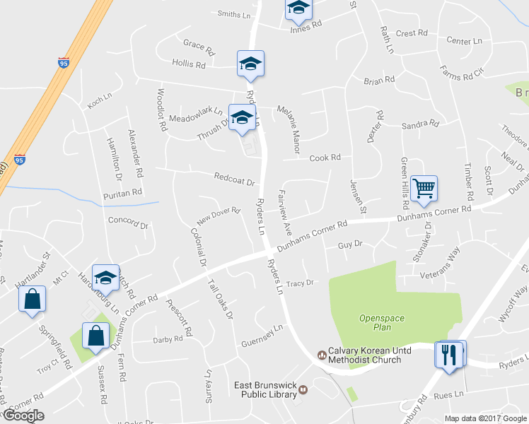 map of restaurants, bars, coffee shops, grocery stores, and more near 4 Lynbrook Place in East Brunswick