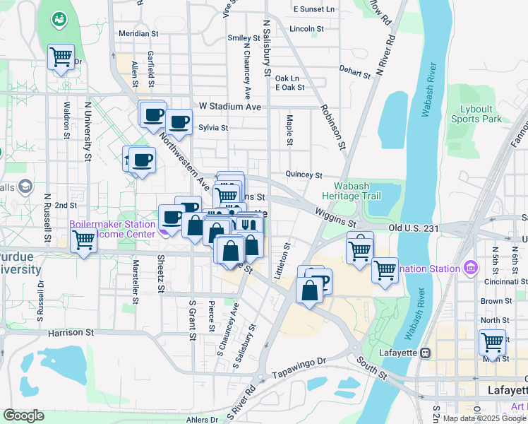 map of restaurants, bars, coffee shops, grocery stores, and more near 50 North Street in West Lafayette