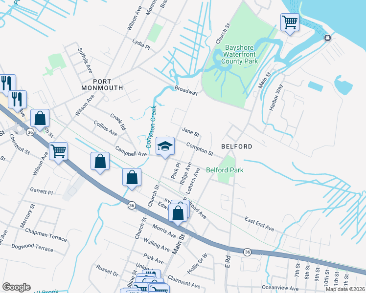 map of restaurants, bars, coffee shops, grocery stores, and more near 45 Jane Street in Belford