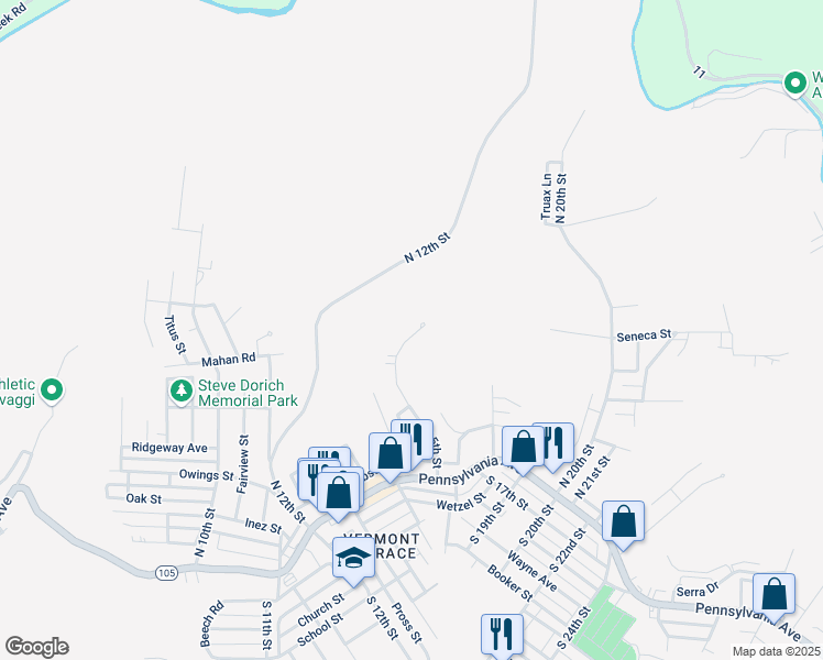 map of restaurants, bars, coffee shops, grocery stores, and more near 257 North 15th Street in Weirton