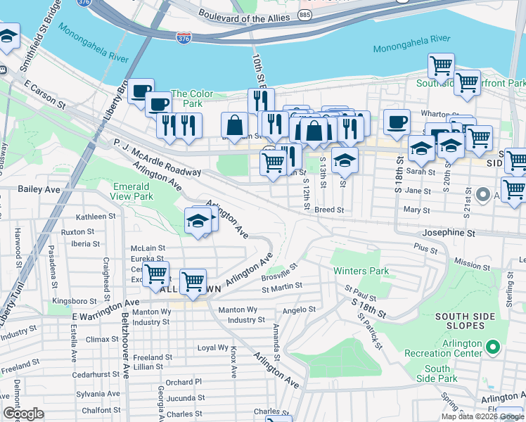 map of restaurants, bars, coffee shops, grocery stores, and more near 938 Pretense Way in Pittsburgh