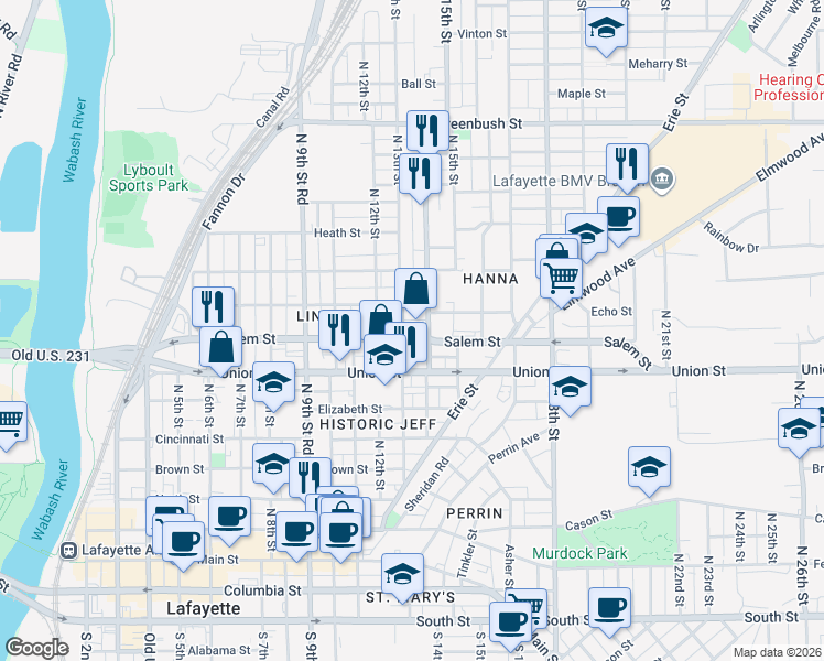 map of restaurants, bars, coffee shops, grocery stores, and more near 923 North 13th Street in Lafayette