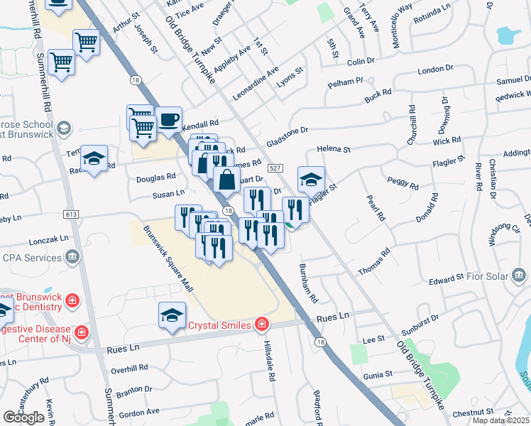 map of restaurants, bars, coffee shops, grocery stores, and more near 13 Windsor Drive in East Brunswick