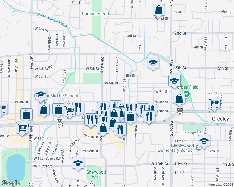 map of restaurants, bars, coffee shops, grocery stores, and more near 710 27th Avenue in Greeley