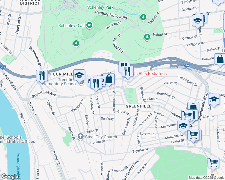 map of restaurants, bars, coffee shops, grocery stores, and more near 605 Greenfield Avenue in Pittsburgh