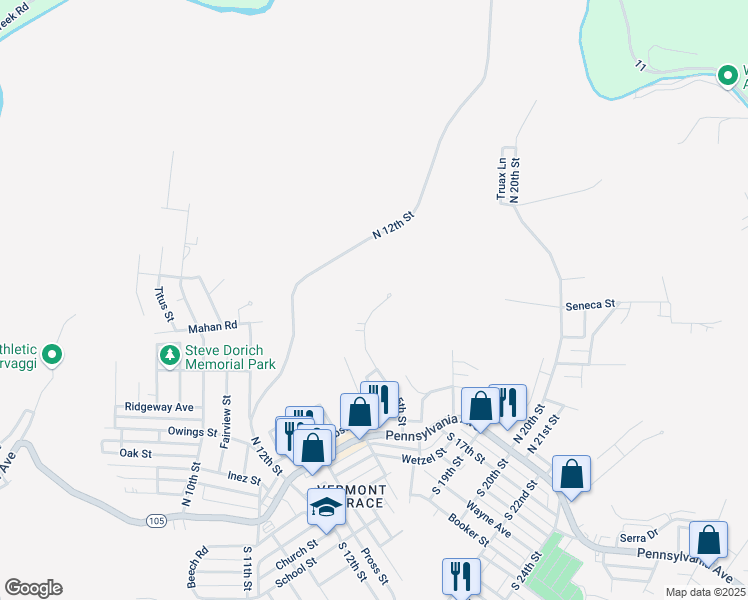 map of restaurants, bars, coffee shops, grocery stores, and more near 257 North 15th Street in Weirton
