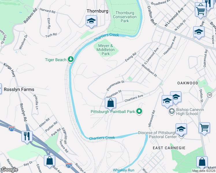map of restaurants, bars, coffee shops, grocery stores, and more near 170 Promenade Street in Pittsburgh