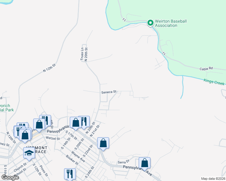 map of restaurants, bars, coffee shops, grocery stores, and more near 117 Seneca Street in Weirton