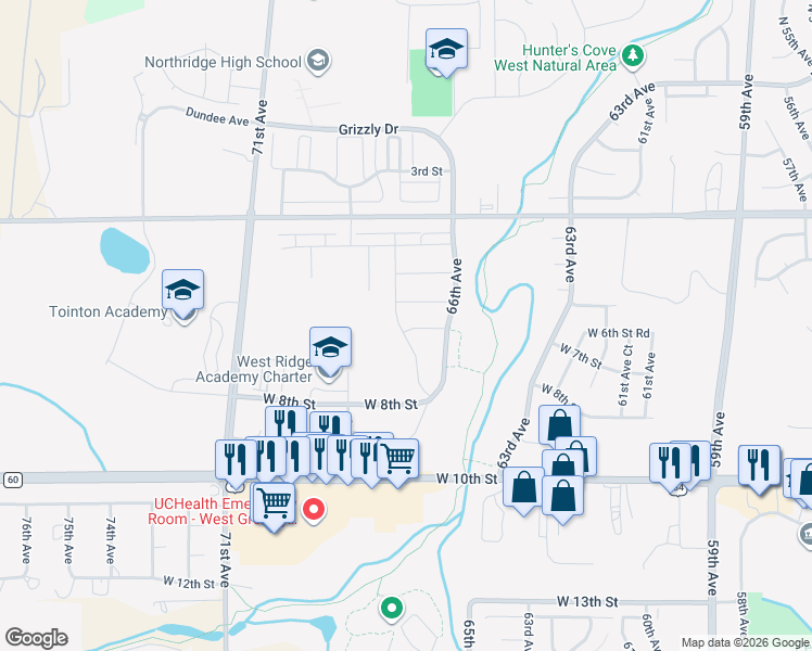 map of restaurants, bars, coffee shops, grocery stores, and more near 6635 West 7th Street in Greeley