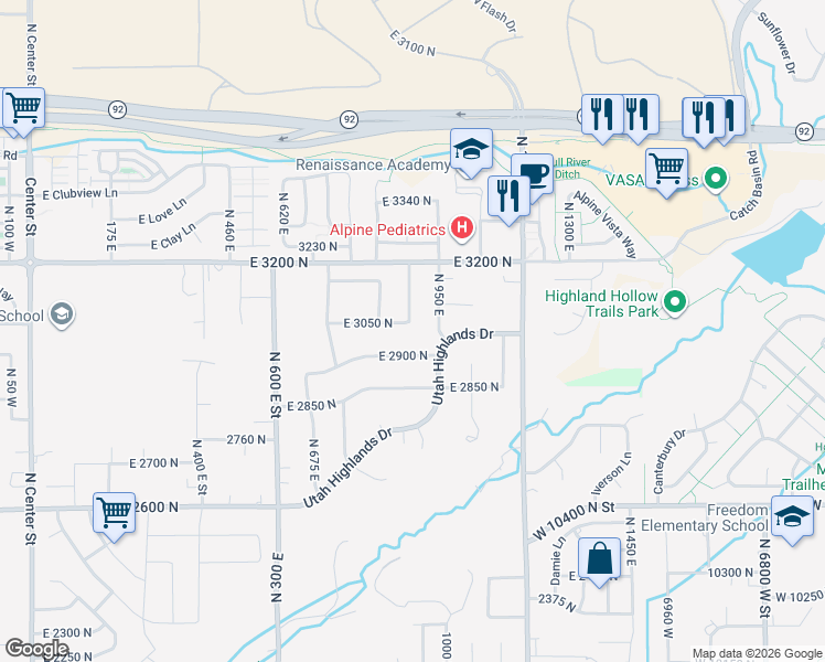 map of restaurants, bars, coffee shops, grocery stores, and more near 878 East 3050 North in Lehi