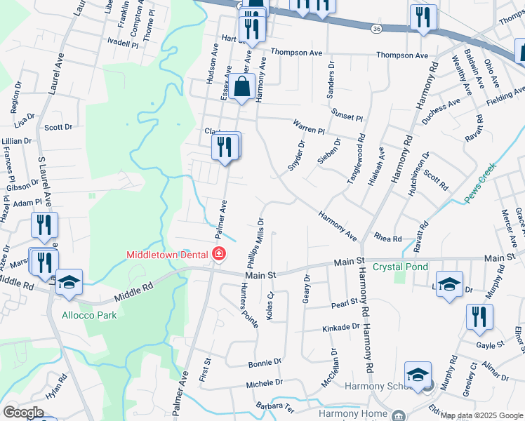 map of restaurants, bars, coffee shops, grocery stores, and more near 11 Phillips Mills Drive in Middletown Township