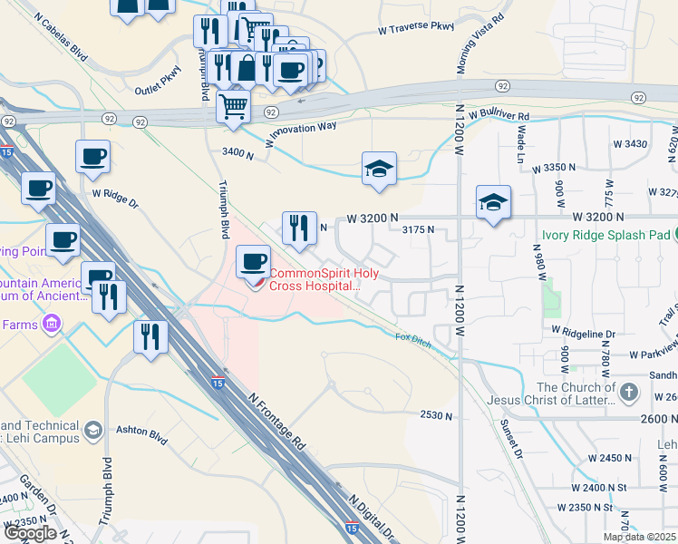 map of restaurants, bars, coffee shops, grocery stores, and more near 1563 WestBury Way in Lehi