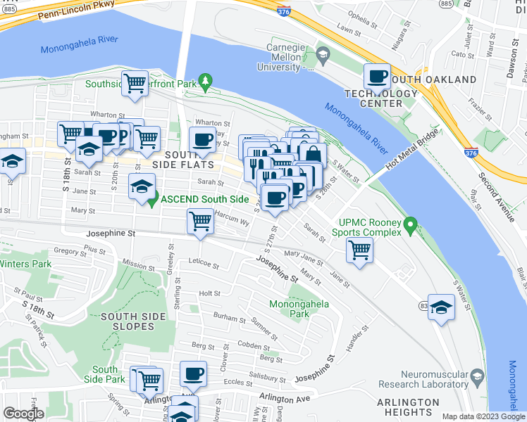 map of restaurants, bars, coffee shops, grocery stores, and more near 2606 Larkins Way in Allegheny
