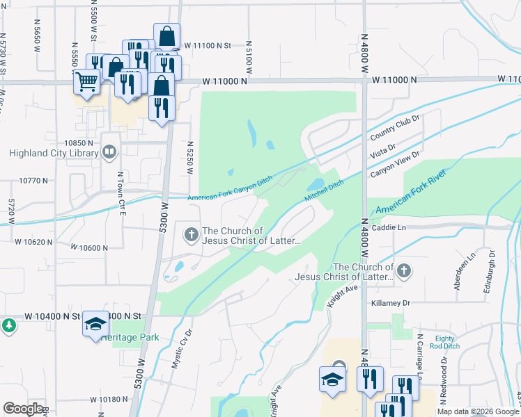 map of restaurants, bars, coffee shops, grocery stores, and more near 10686 West North Jerling Drive in Highland