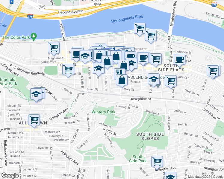 map of restaurants, bars, coffee shops, grocery stores, and more near 1717 Harcum Way in Pittsburgh