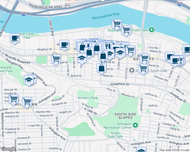 map of restaurants, bars, coffee shops, grocery stores, and more near 1717 Harcum Way in Pittsburgh