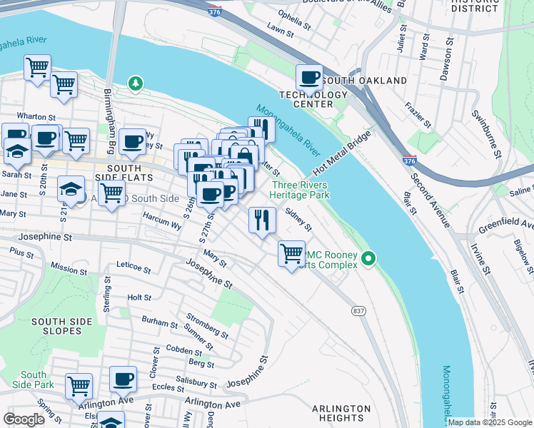 map of restaurants, bars, coffee shops, grocery stores, and more near 2 Hot Metal Street in Pittsburgh