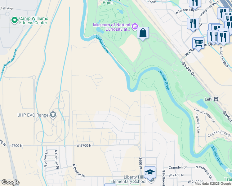 map of restaurants, bars, coffee shops, grocery stores, and more near 10401-10459 West 10400 North Street in Lehi