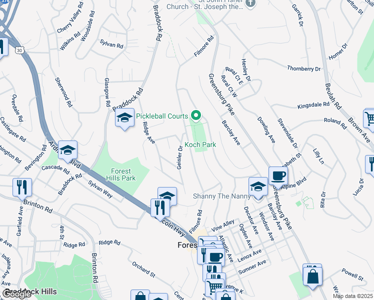 map of restaurants, bars, coffee shops, grocery stores, and more near 489 Filmore Road in Pittsburgh