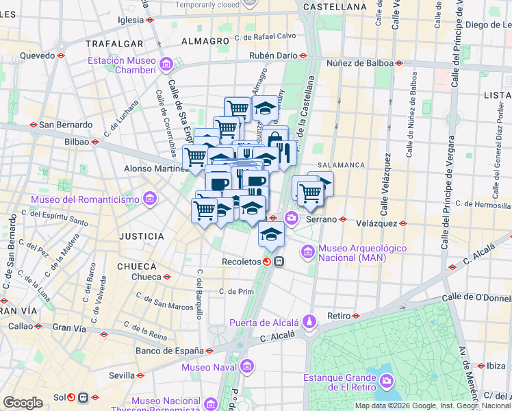 map of restaurants, bars, coffee shops, grocery stores, and more near 27 Calle de Génova in Madrid