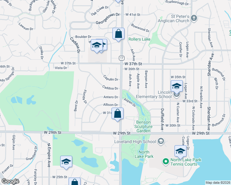 map of restaurants, bars, coffee shops, grocery stores, and more near 1455 Caddoa Drive in Loveland