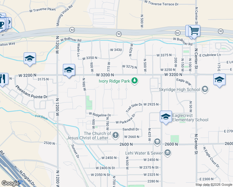 map of restaurants, bars, coffee shops, grocery stores, and more near 3094 North Parkridge Drive in Lehi