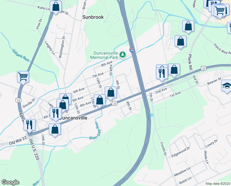 map of restaurants, bars, coffee shops, grocery stores, and more near 900 4th Avenue in Duncansville