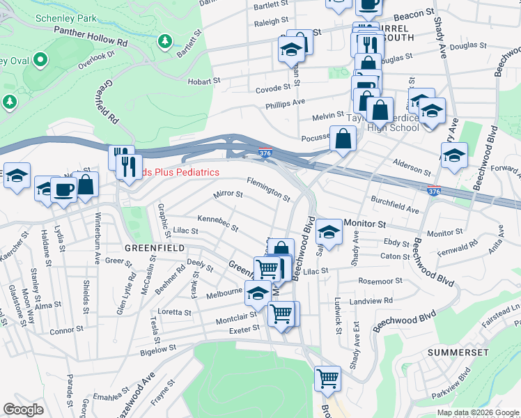 map of restaurants, bars, coffee shops, grocery stores, and more near 1008 Mirror Street in Pittsburgh