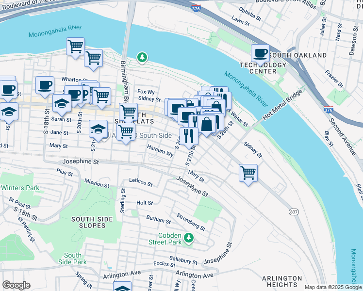map of restaurants, bars, coffee shops, grocery stores, and more near 2619 Sarah Street in Pittsburgh