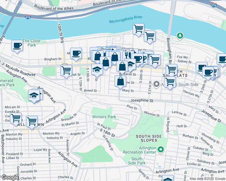 map of restaurants, bars, coffee shops, grocery stores, and more near 1717 Harcum Way in Pittsburgh