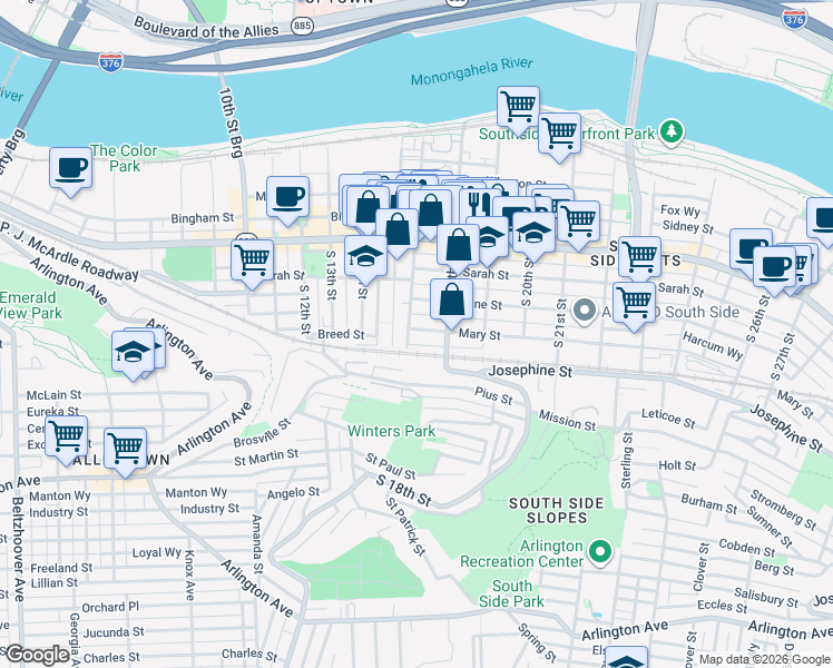 map of restaurants, bars, coffee shops, grocery stores, and more near 1717 Harcum Way in Pittsburgh